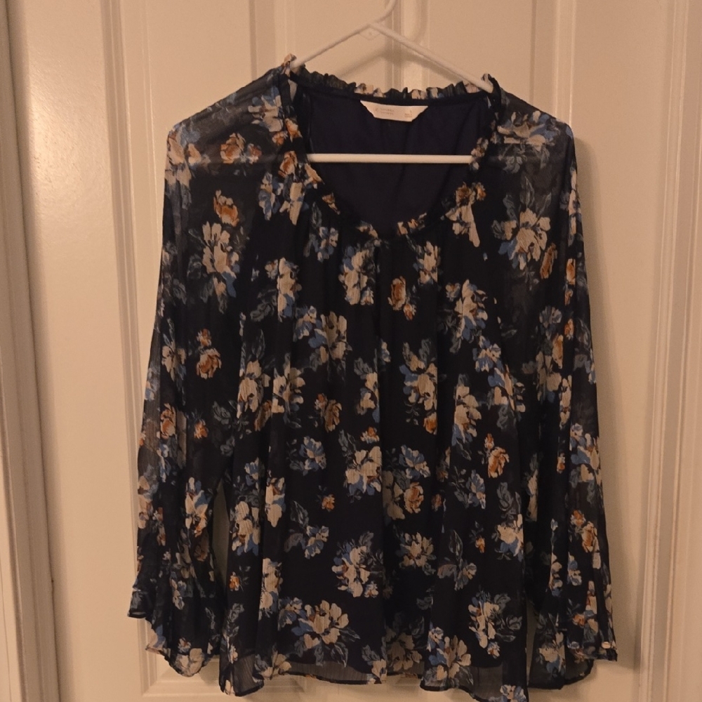 LC Lauren Conrad Floral Chiffon Blouse - Navy and Tan